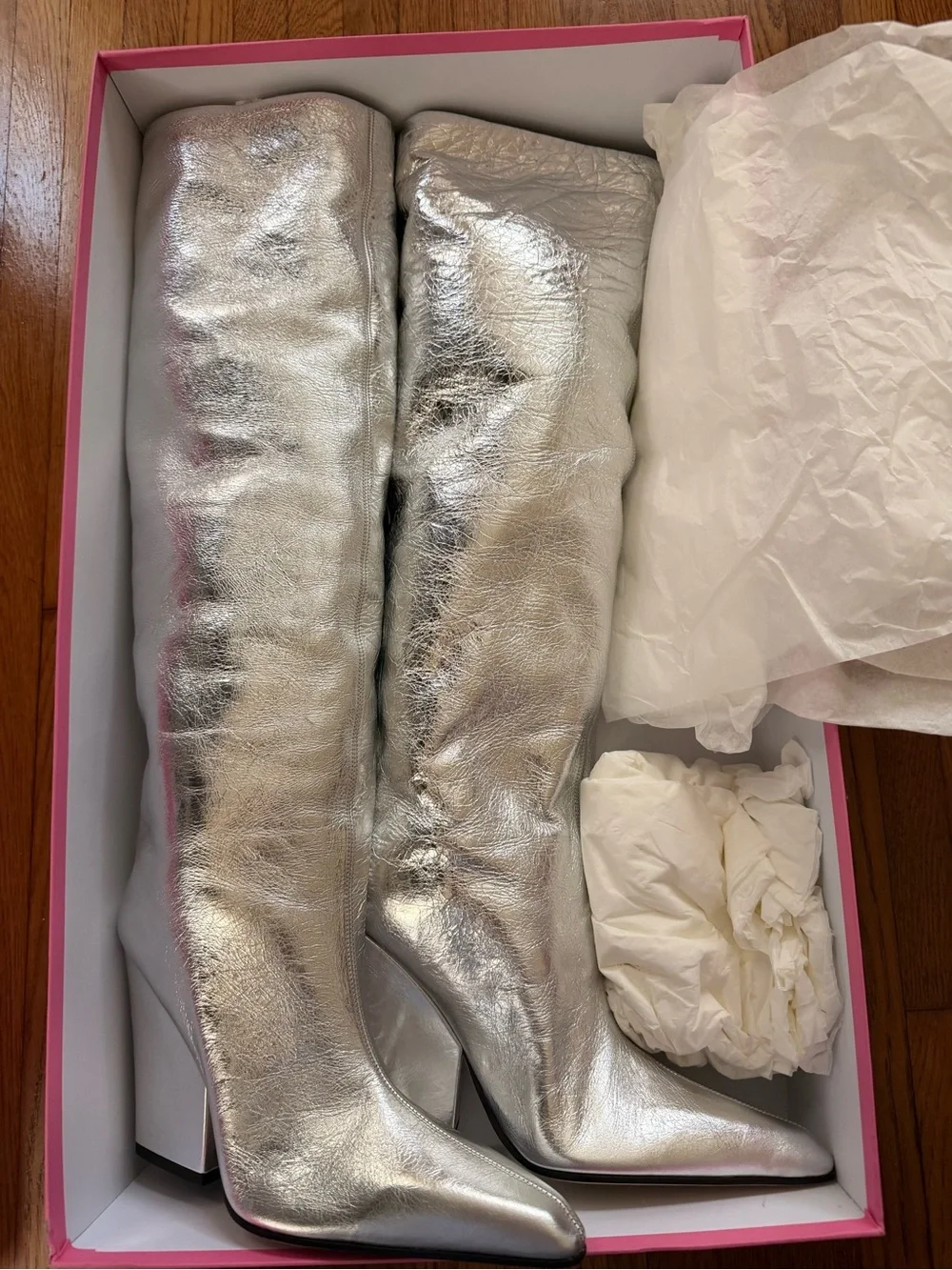 Paris Texas Jane Silver Over-the-Knee Crinkled Leather Metallic Boots New In Box